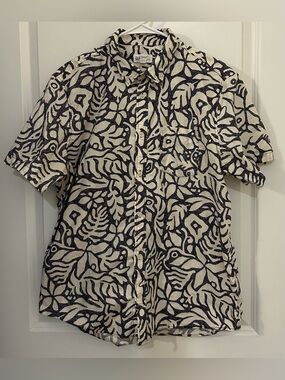GAP Men’s Hawaiian Shirt Palm Leaves AOP Navy White Slim Fit Stretch  Large
